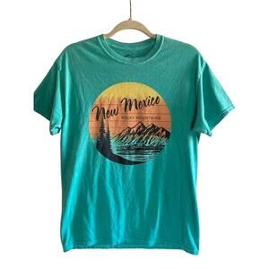New Mexico Graphic T Shirt Mens M Teal Rocky Mountains Sunset Vintage Style Tee